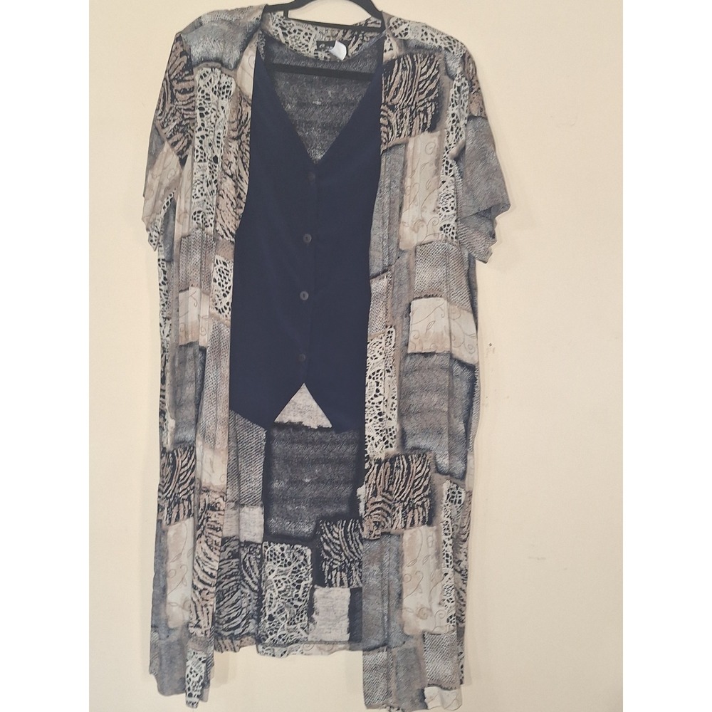 Caribou New York 2X Duster Cardigan and Vest Set Patchwork Print Navy Blue‎ 5245